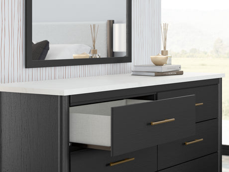 Cadmori Black/White Full Upholstered Panel Bed, Dresser and Mirror from Ashley - Luna Furniture