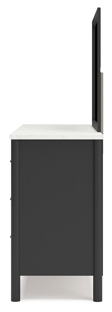 Cadmori Black/White King Upholstered Panel Bed, Dresser and Mirror from Ashley - Luna Furniture