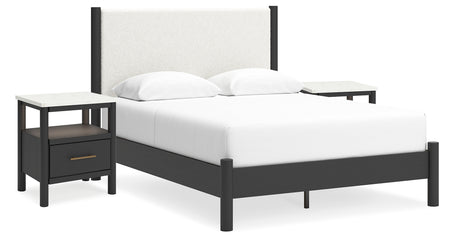 Cadmori Queen Upholstered Panel Bed with 2 Nightstands in Black/White from Ashley - Luna Furniture
