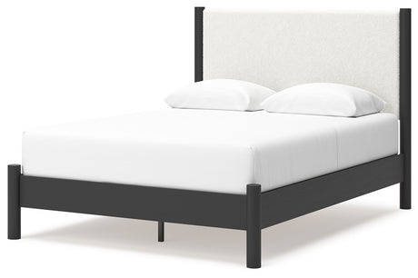 Cadmori Queen Upholstered Panel Bed, Dresser and Mirror in Black/White from Ashley - Luna Furniture