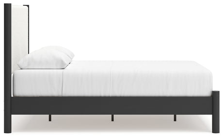 Cadmori Queen Upholstered Panel Bed, Dresser and Mirror in Black/White from Ashley - Luna Furniture