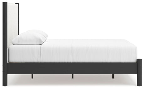 Cadmori Queen Upholstered Panel Bed, Dresser and Mirror in Black/White from Ashley - Luna Furniture