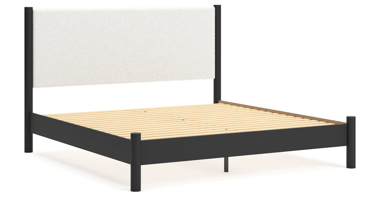 Cadmori King Upholstered Panel Bed with 2 Nightstands in Black/White from Ashley - Luna Furniture