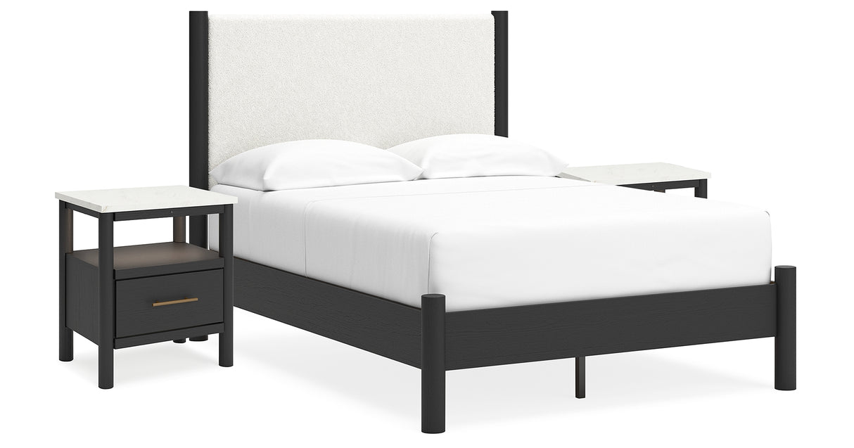 Cadmori Full Upholstered Panel Bed with 2 Nightstands in Black/White from Ashley - Luna Furniture