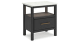 Cadmori Queen Upholstered Panel Bed with 2 Nightstands in Black/White from Ashley - Luna Furniture