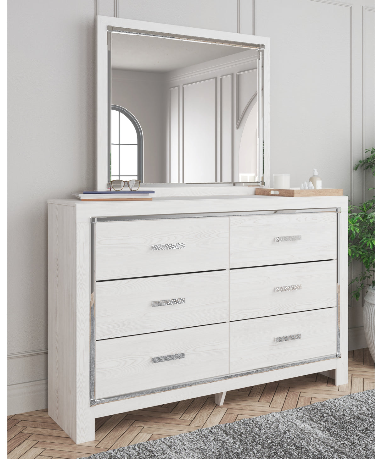 Altyra Queen Upholstered Storage Bed with Mirrored Dresser and Chest in White from Ashley Furniture - Luna Furniture