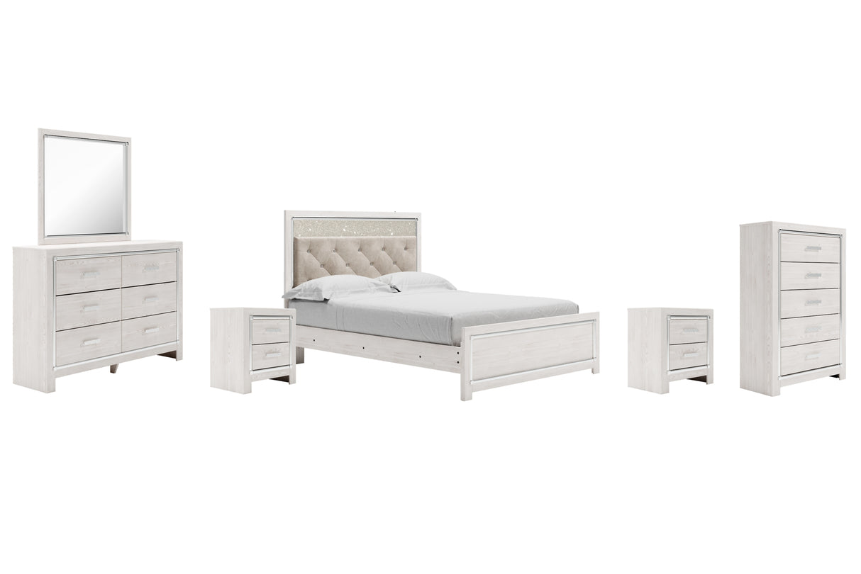 Altyra White Queen Upholstered Panel Bed, Dresser, Mirror, Chest and 2 Nightstands from Ashley Furniture - Luna Furniture