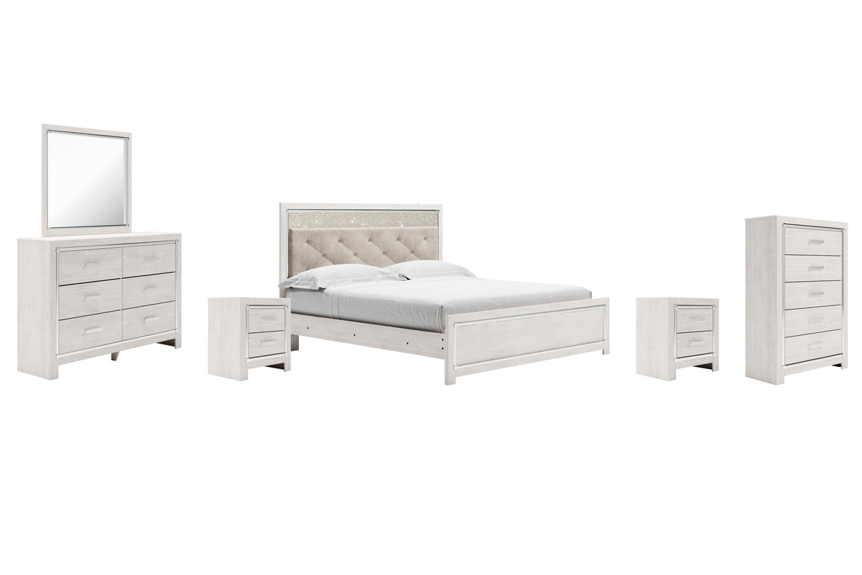 Altyra King Panel Bed with Mirrored Dresser, Chest and 2 Nightstands in White from Ashley Furniture - Luna Furniture