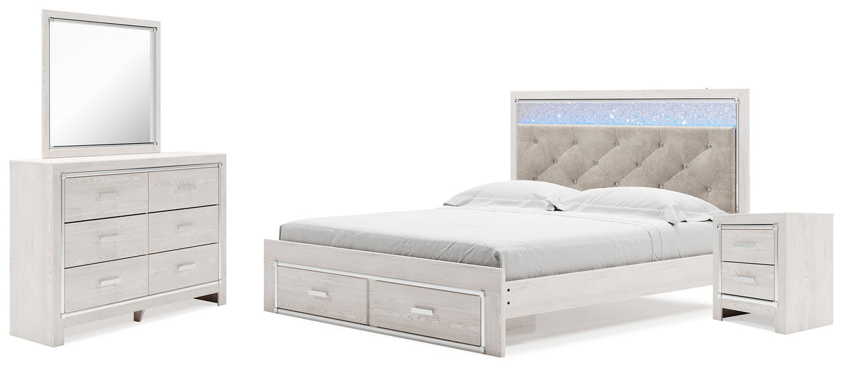 Altyra White King Upholstered Panel Storage Bed, Dresser, Mirror and Nightstand from Ashley Furniture - Luna Furniture