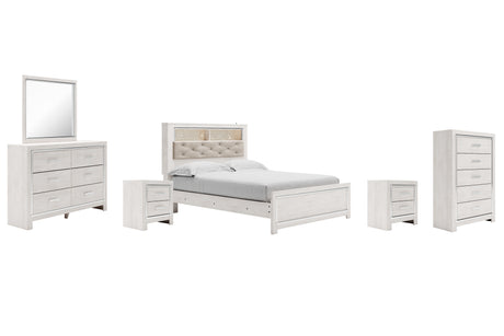 Altyra Queen Panel Bookcase Bed with Mirrored Dresser, Chest and 2 Nightstands in White from Ashley - Luna Furniture