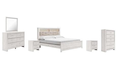 Altyra King Panel Bookcase Bed with Mirrored Dresser, Chest and 2 Nightstands in White from Ashley Furniture - Luna Furniture