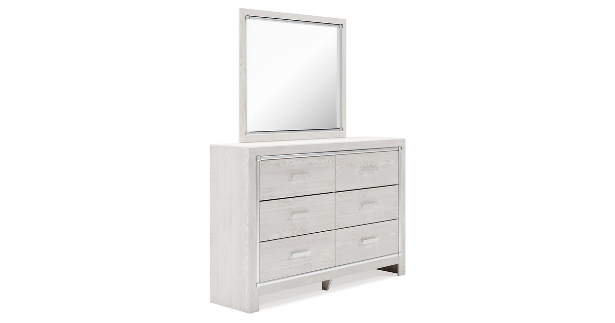 Altyra Queen Upholstered Storage Bed with Mirrored Dresser and Chest in White from Ashley Furniture - Luna Furniture