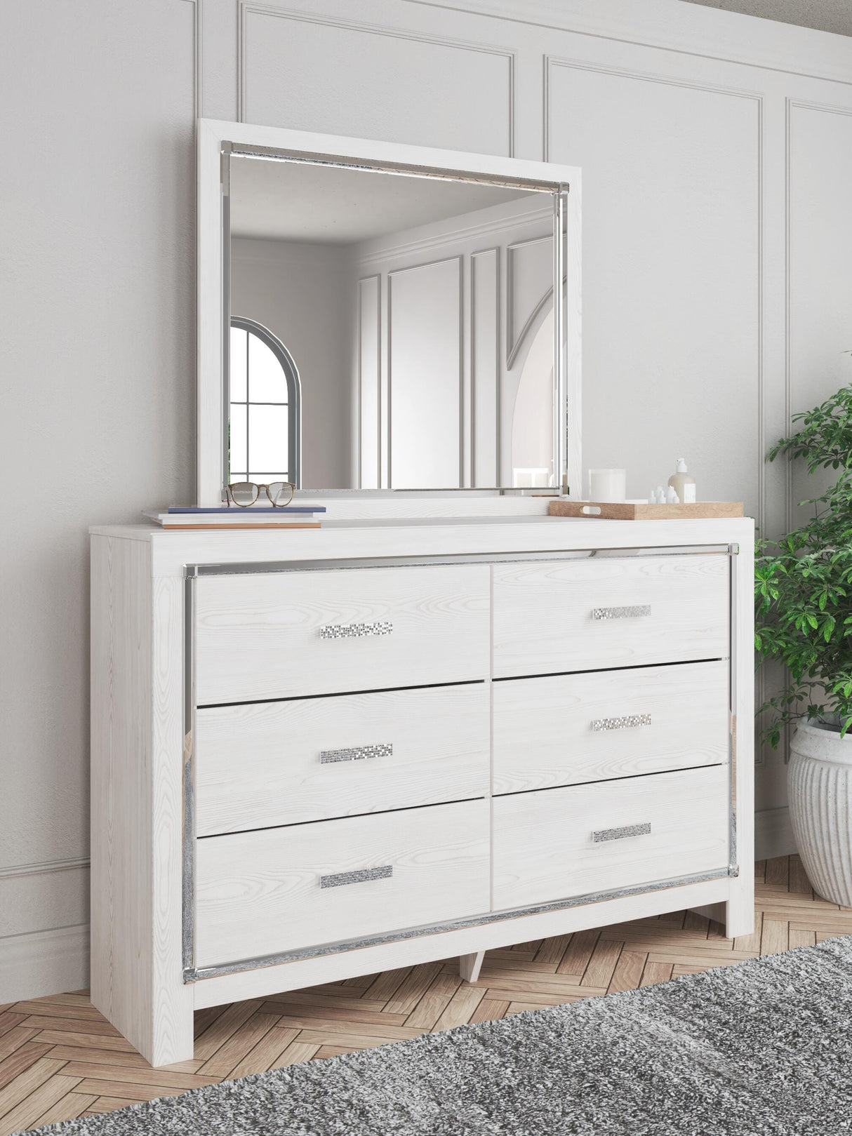 Altyra Queen Panel Bookcase Bed with Mirrored Dresser and Chest in White from Ashley - Luna Furniture