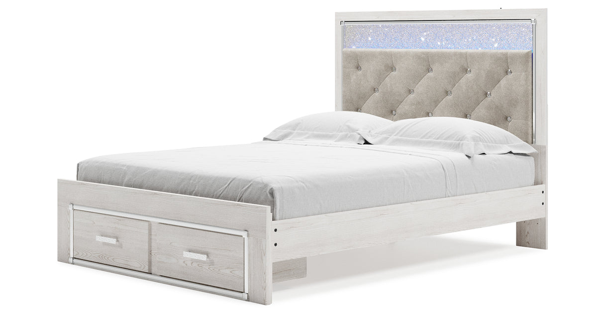 Altyra Queen Upholstered Storage Bed with Mirrored Dresser and Chest in White from Ashley Furniture - Luna Furniture
