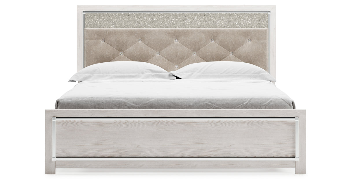 Lawroy King Panel Bed with Mirrored Dresser and Nightstand in Light Natural from Ashley - Luna Furniture