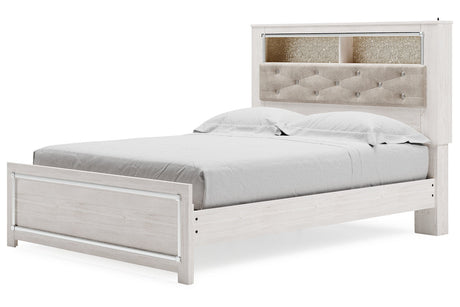 Altyra White Queen Upholstered LED Bookcase Platform Bed from Ashley - Luna Furniture