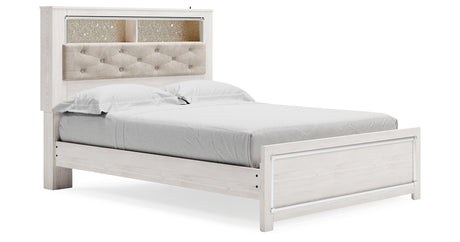 Altyra White Queen Upholstered LED Bookcase Platform Bed from Ashley - Luna Furniture