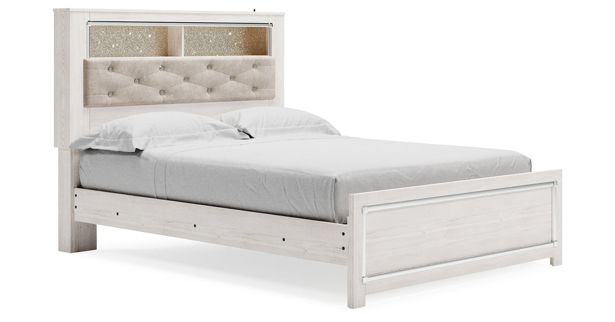 Altyra White Queen Upholstered LED Bookcase Panel Bed from Ashley - Luna Furniture