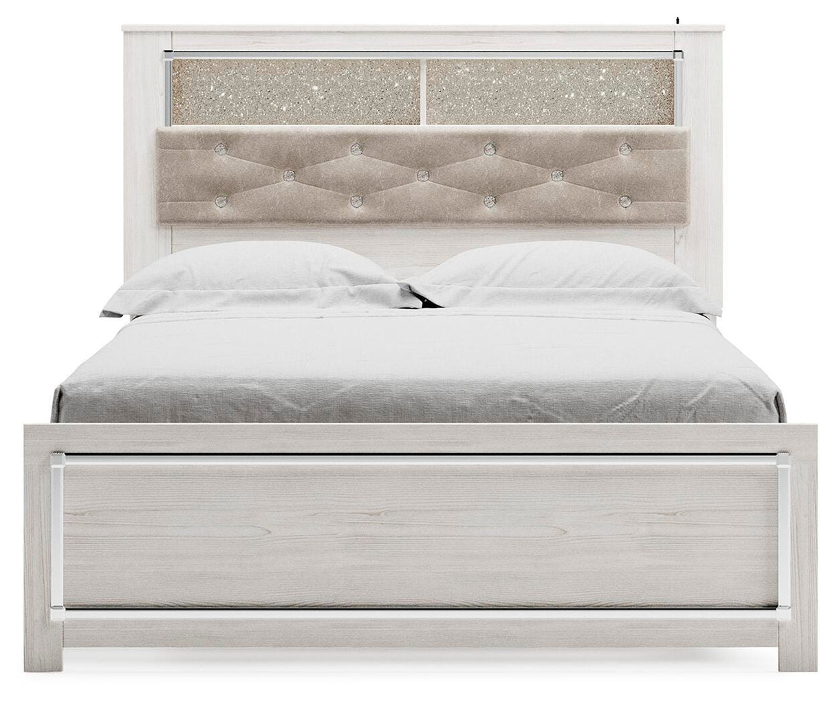 Altyra White Queen Upholstered LED Bookcase Panel Bed from Ashley - Luna Furniture