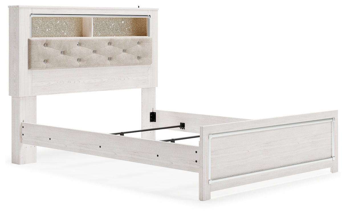 Altyra Queen Panel Bookcase Bed with Mirrored Dresser and Chest in White from Ashley - Luna Furniture