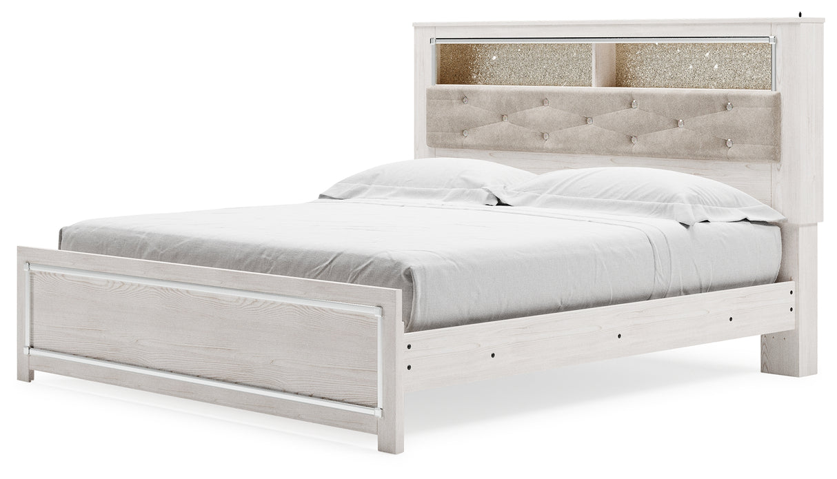 Altyra White King Upholstered LED Bookcase Panel Bed from Ashley - Luna Furniture
