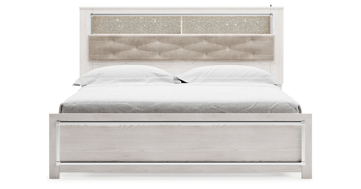 Altyra White King Upholstered LED Bookcase Panel Bed from Ashley - Luna Furniture