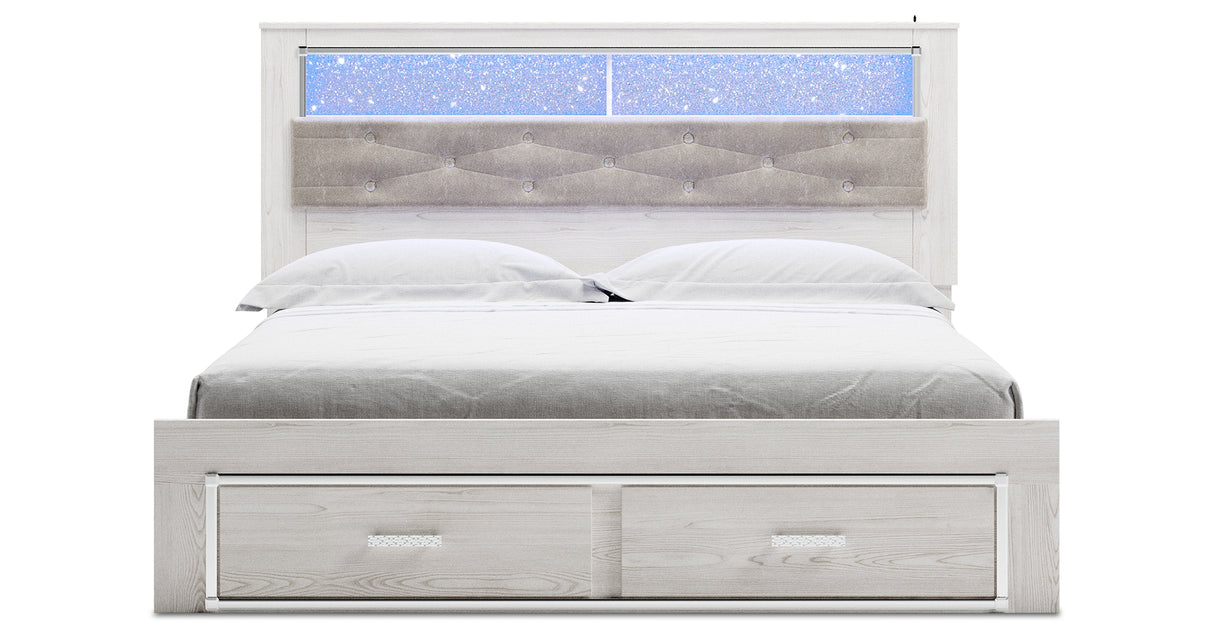 Altyra White King Upholstered LED Bookcase Storage Platform Bed from Ashley Furniture - Luna Furniture