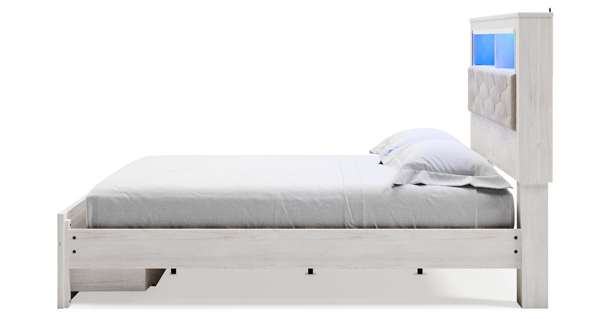 Altyra White King Upholstered LED Bookcase Storage Platform Bed from Ashley Furniture - Luna Furniture