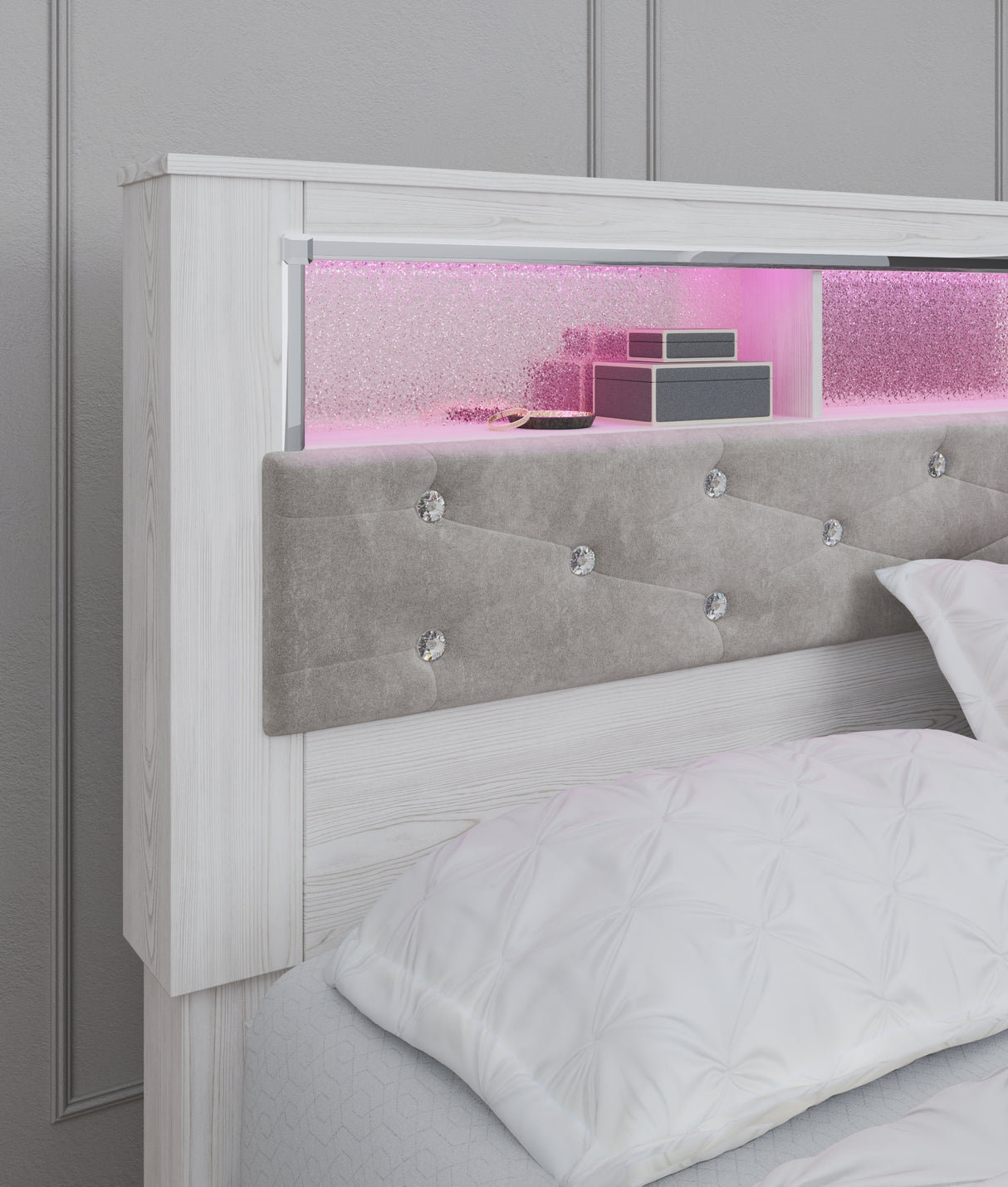 Altyra White King Upholstered LED Bookcase Platform Bed from Ashley - Luna Furniture