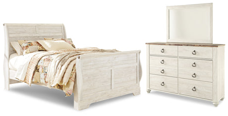 Willowton Queen Sleigh Bed with Mirrored Dresser in Whitewash from Ashley Furniture - Luna Furniture