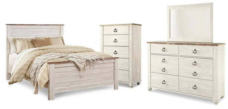 Willowton Whitewash Queen Panel Bed, Dresser, Mirror and Chest from Ashley - Luna Furniture