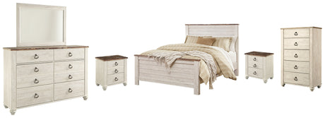 Willowton Whitewash Queen Panel Bed with Mirrored Dresser, Chest and 2 Nightstands from Ashley Furniture - Luna Furniture