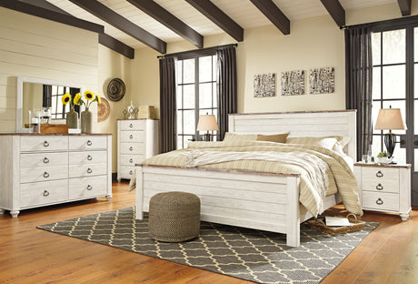 Willowton King Panel Bed with Mirrored Dresser, Chest and 2 Nightstands in Whitewash from Ashley - Luna Furniture