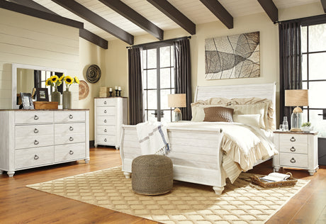 Willowton Whitewash Queen Sleigh Bed, Dresser, Mirror, Chest and Nightstand from Ashley Furniture - Luna Furniture