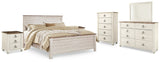 Willowton King Panel Bed with Mirrored Dresser, Chest and 2 Nightstands in Whitewash from Ashley Furniture - Luna Furniture