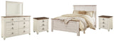 Willowton Queen Panel Bed with Mirrored Dresser and 2 Nightstands in Whitewash from Ashley Furniture - Luna Furniture