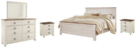 Willowton California King Panel Bed with Mirrored Dresser and 2 Nightstands in Whitewash from Ashley Furniture - Luna Furniture