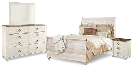 Willowton Whitewash Queen Sleigh Bed with Mirrored Dresser and Nightstand from Ashley - Luna Furniture