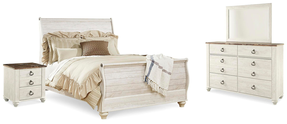 Willowton Queen Panel Bed with Mirrored Dresser and 2 Nightstands in Whitewash