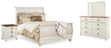 Willowton Queen Panel Bed with Mirrored Dresser and 2 Nightstands in Whitewash