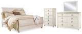 Willowton King Sleigh Bed with Mirrored Dresser and Chest in Whitewash from Ashley Furniture - Luna Furniture