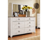 Willowton California King Panel Bed with Mirrored Dresser and 2 Nightstands in Whitewash from Ashley Furniture - Luna Furniture