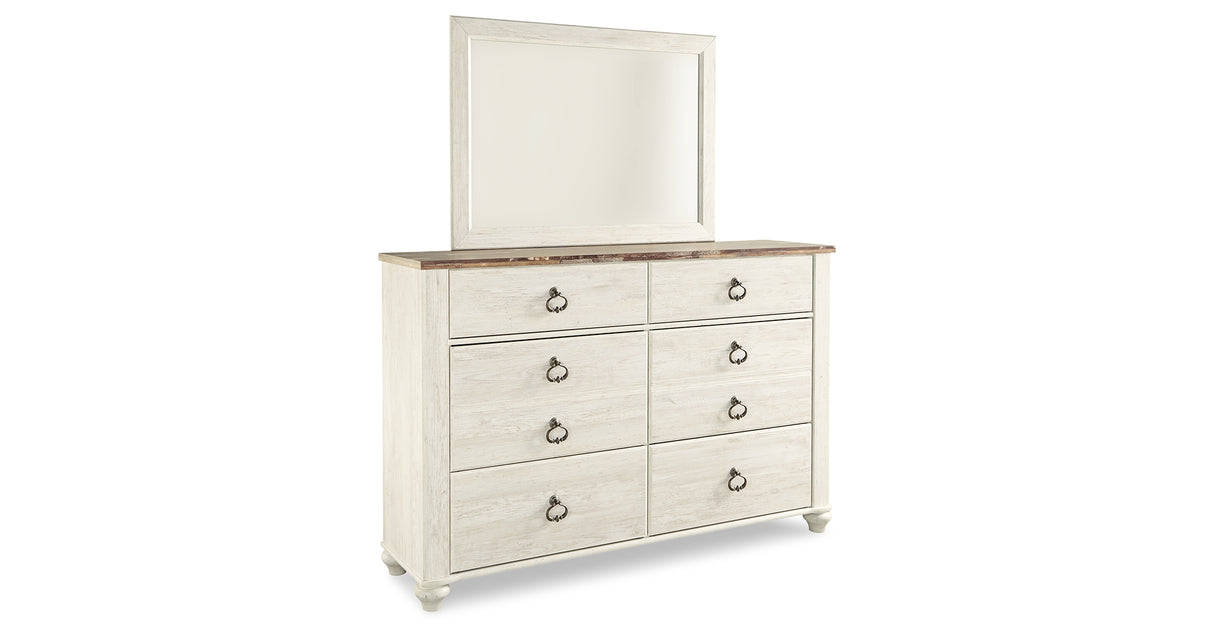Willowton King/California King Panel Headboard Bed with Mirrored Dresser, Chest and 2 Nightstands in Whitewash from Ashley - Luna Furniture