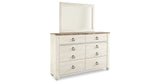 Willowton King Panel Bed with Mirrored Dresser, Chest and 2 Nightstands in Whitewash from Ashley Furniture - Luna Furniture