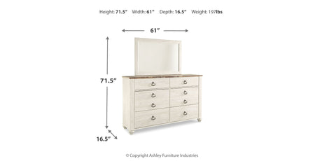 Willowton Whitewash Full Panel Bed, Dresser, Mirror, 2 Chests and nightstand from Ashley Furniture - Luna Furniture