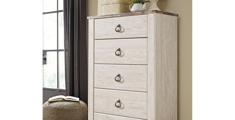 Willowton Whitewash Full Panel Bed, Dresser, Mirror, 2 Chests and nightstand from Ashley Furniture - Luna Furniture