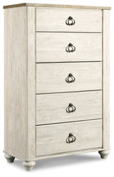 Willowton King Sleigh Bed with Mirrored Dresser, Chest and 2 Nightstands in Whitewash from Ashley Furniture - Luna Furniture