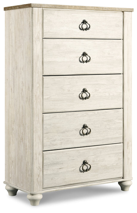 Willowton King Sleigh Bed with Mirrored Dresser, Chest and 2 Nightstands in Whitewash from Ashley Furniture - Luna Furniture
