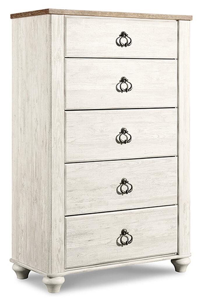 Willowton Queen Panel Bed with Mirrored Dresser, Chest and 2 Nightstands in Whitewash