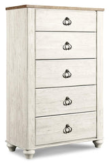 Willowton Queen Panel Bed with Mirrored Dresser, Chest and 2 Nightstands in Whitewash